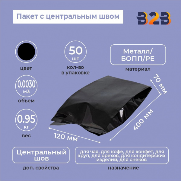 Пакет с центральным швом 120(+70)*400мм, Метал/БОПП/PE, черный