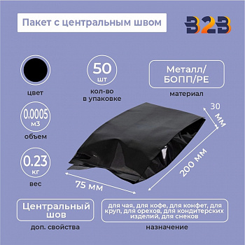 Пакет с центральным швом 60(+30)*180мм, Метал/БОПП/PE, черный