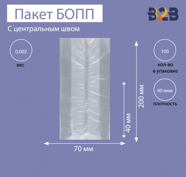 Пакет с центральным швом и боковыми фальцами 7x4x20 см, 40мкм